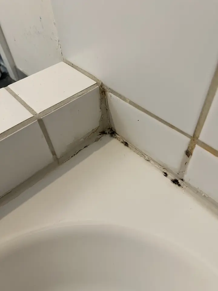 Weisse Badewannenecke an einem gefliesten Mauervorsprung mit schwarzen Punkten in der Fuge zwischen Wanne und Wandplatten