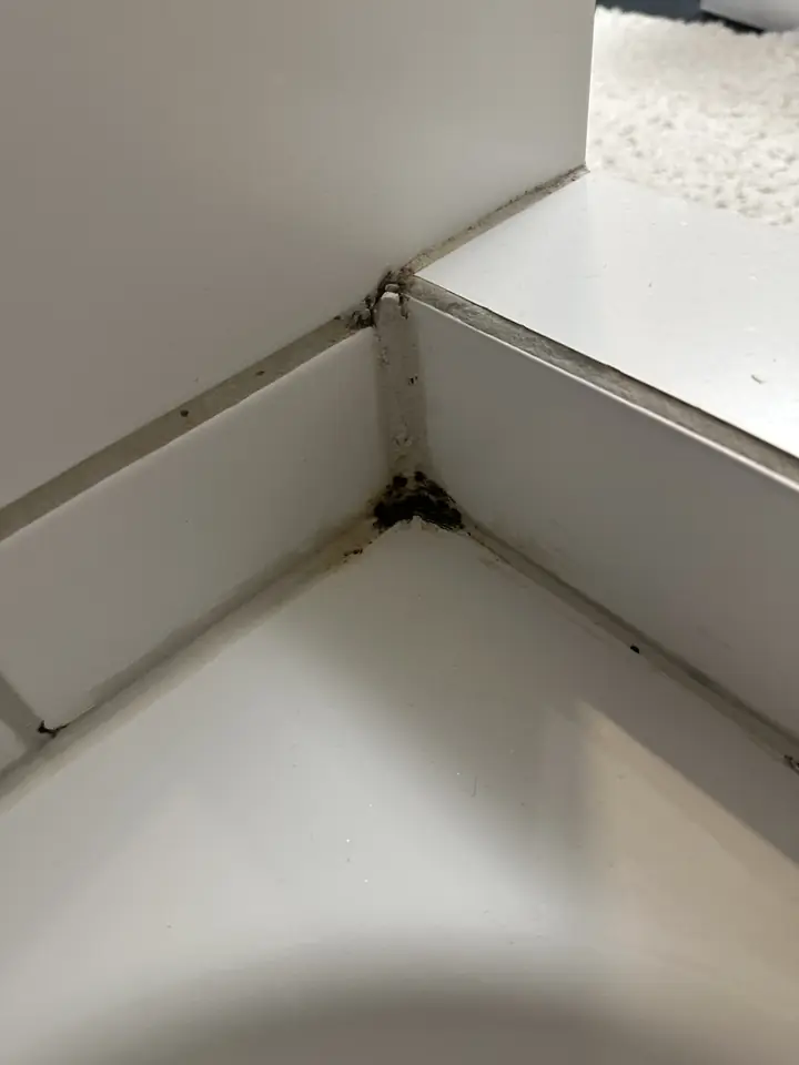 Ecke zwischen weisser Badewanne und gefliestem Vorsprung mit dunkler Verschmutzung in der Fuge