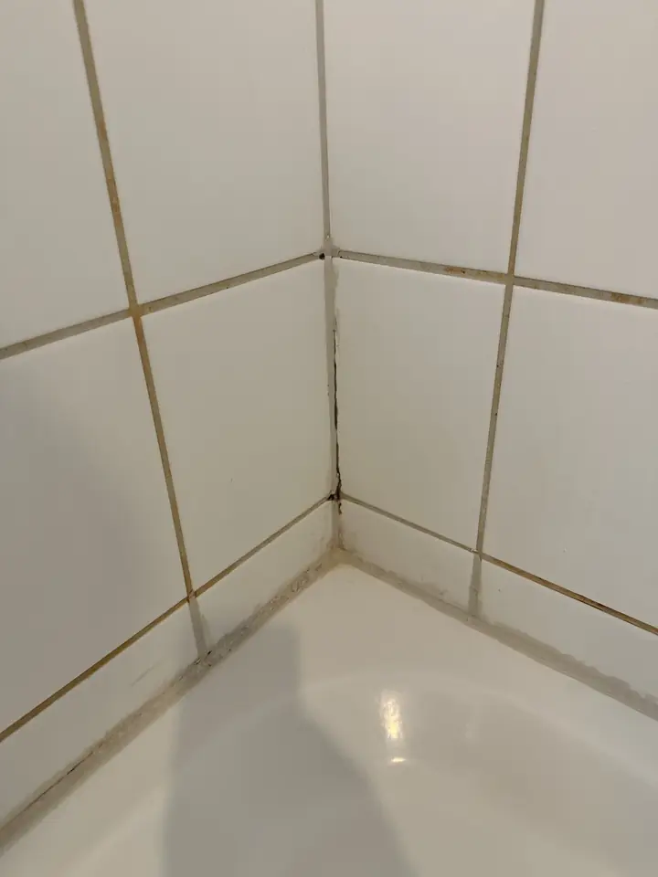 Weisse Wandplatten über einer Badewanne, in der senkrechten Ecke eine dunkle Linie, am Wannenrand dunkle Spuren