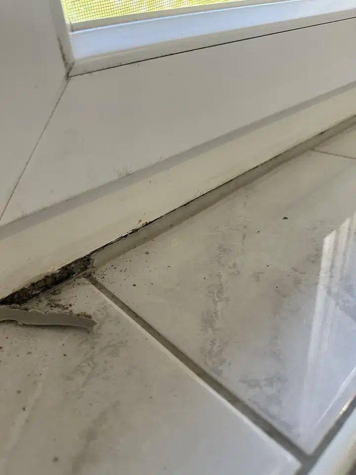 Weisser Fensterrahmen über gefliester Fensterbank, in der Fuge dunkler krümeliger Rückstand und ein loses graues Stück