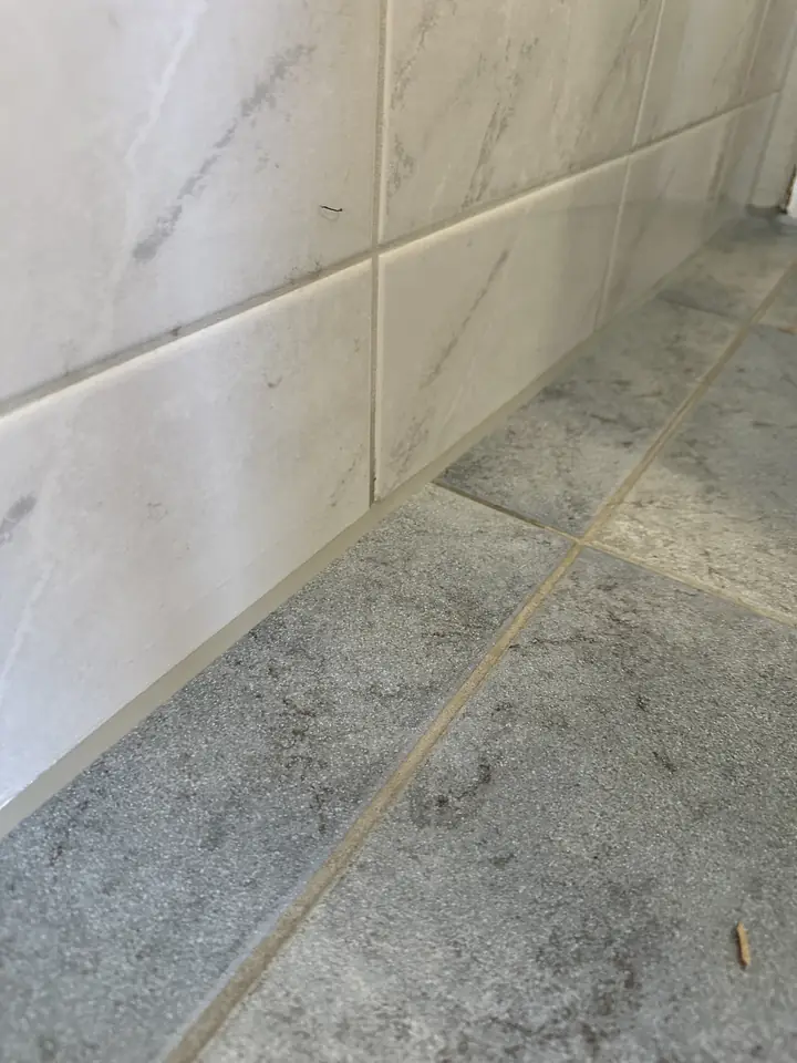 Weisse Wandplatten über grauen Bodenplatten, an der Kante zwischen Wand und Boden eine helle, durchgehende Fuge