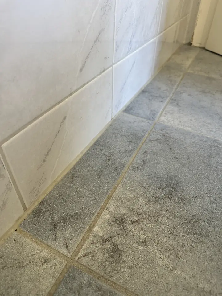 Weisse Wandplatten über grauen Bodenplatten, an der Kante zwischen Wand und Boden zieht sich eine gelbliche Fuge