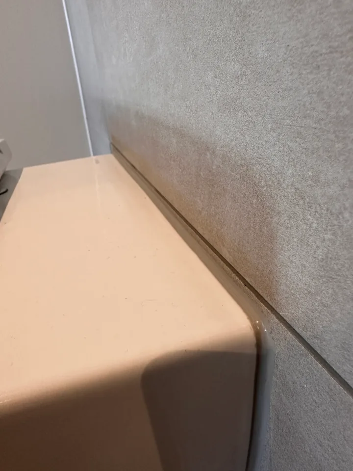 Beige WC-Keramik an einer grauen Wandplatte, zwischen Keramik und Wand verläuft eine schmale Fuge