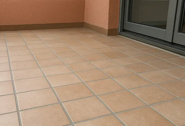 Balkonboden mit Plattenfugen, Sockelfuge an der Wand und Balkontür
