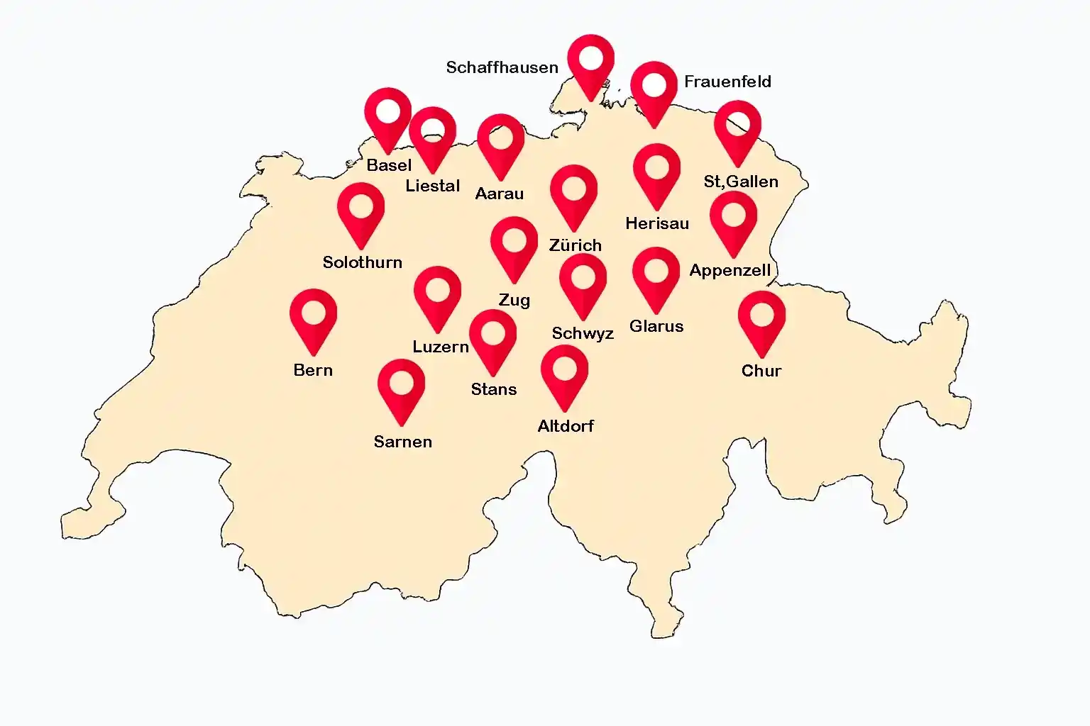 Karte der Schweiz mit Städten, in denen Silikonfugen erneuert werden.