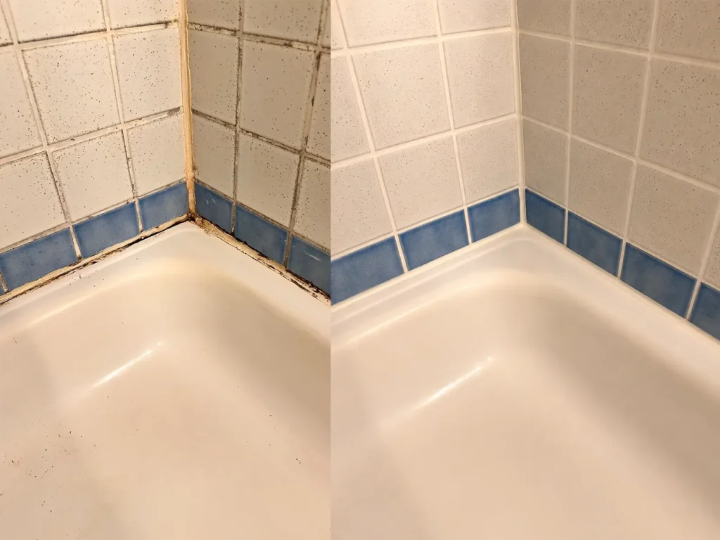 Vorher-Nachher: Silikonfugen in einer Dusche in Basel nach Reinigung erneuert