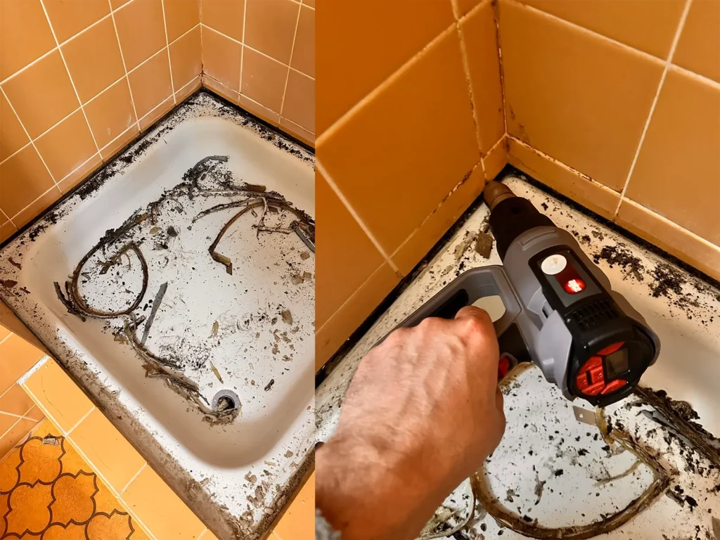Feuchtigkeit unter einer alten Silikonfuge nach dem Ausschneiden vor dem Trocknen