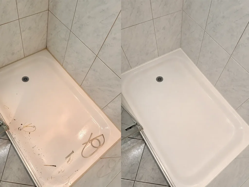 Vorher-Nachher: verfärbte Silikonfugen in einer Dusche in Horgen erneuert