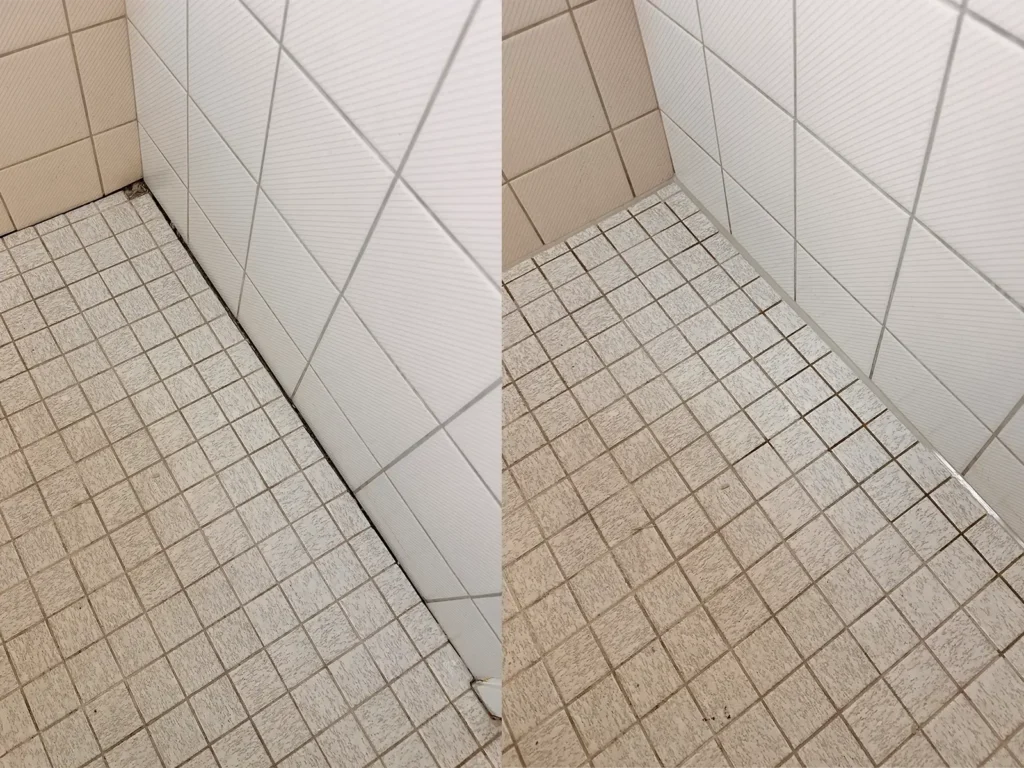 Vorher-Nachher: schwarze Silikonfuge in einer Dusche in Zug nach der Erneuerung durch DichtFix